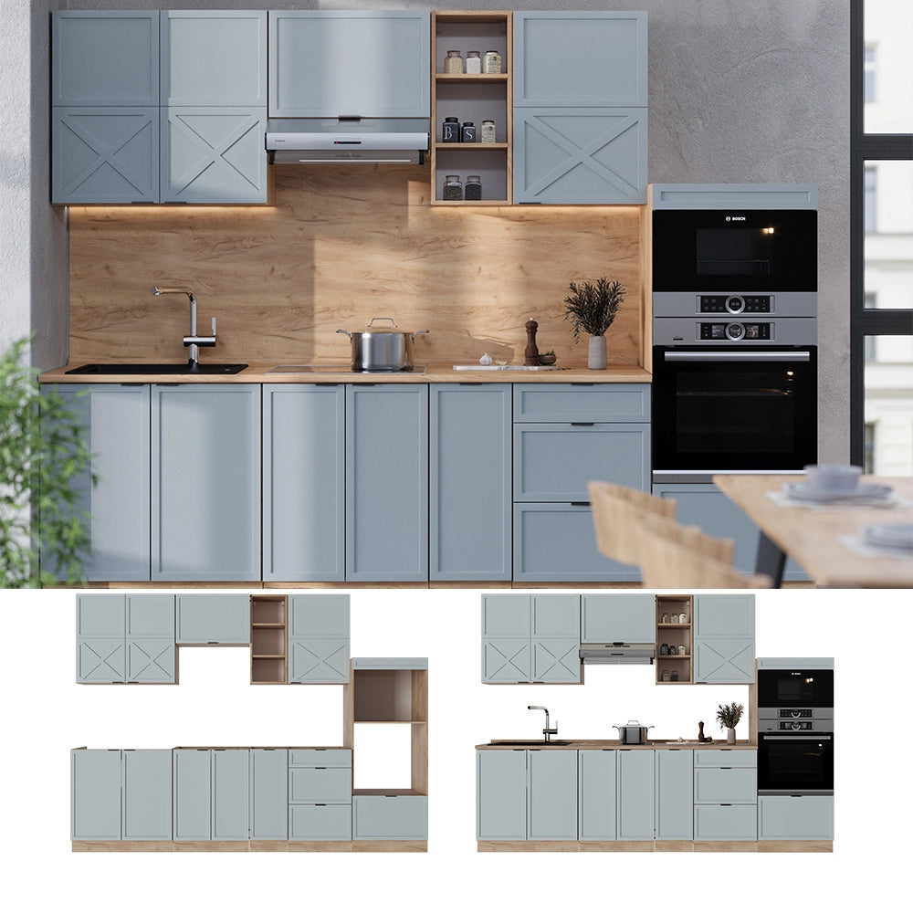 Cucina componibile Fame-Line Blu-grigio chiaro/Rovere dorato 280 cm, PL Antracite Vicco