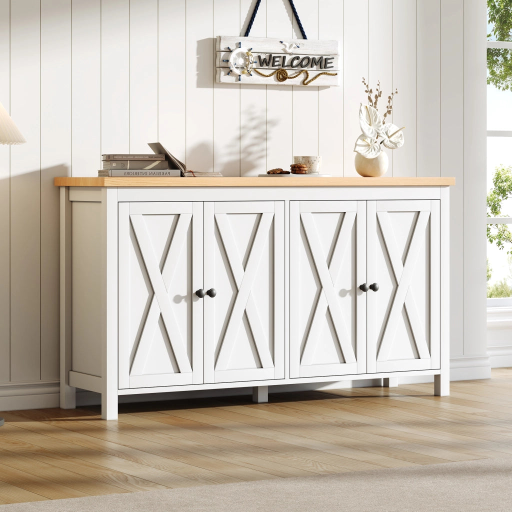 Credenza bianca 140x40x78 cm con 4 ante, 2 ripiani regolabili, struttura in MDF, portata 30 kg, stile moderno