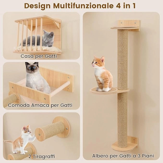 Mensole da Parete per Gatti da Arrampicata, Set Mobili a Murocon 4 Livelli, Amaca, Posto per Graffiare e Tappetini, Albero Tiragraffi Salvaspazio (Modello 5)