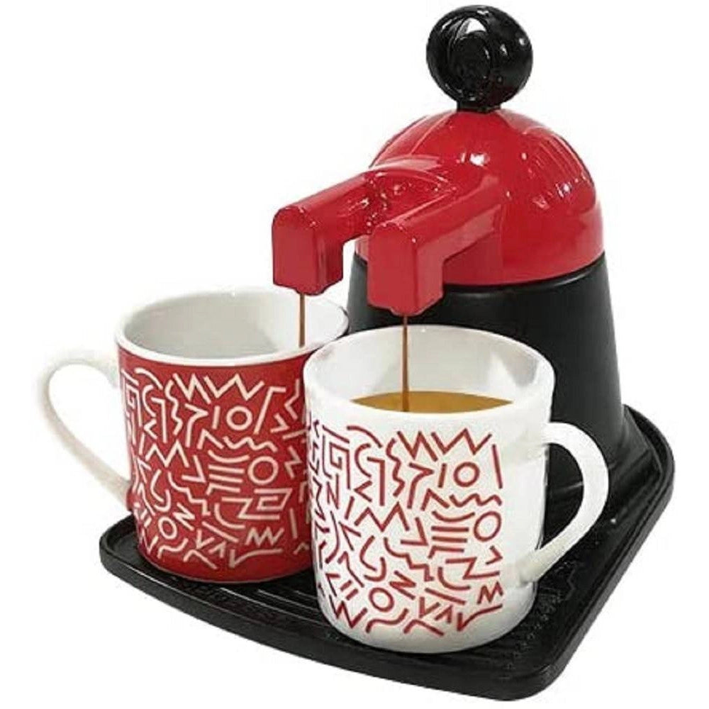 Trade Shop - Caffettiera Mini Express Con 2 Tazze In Ceramica Caffe' Colori Assortiti -