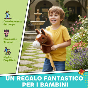 Cavallo con Bastone e Suoni Realistici per Bambini in Poliestere e Legno Marrone