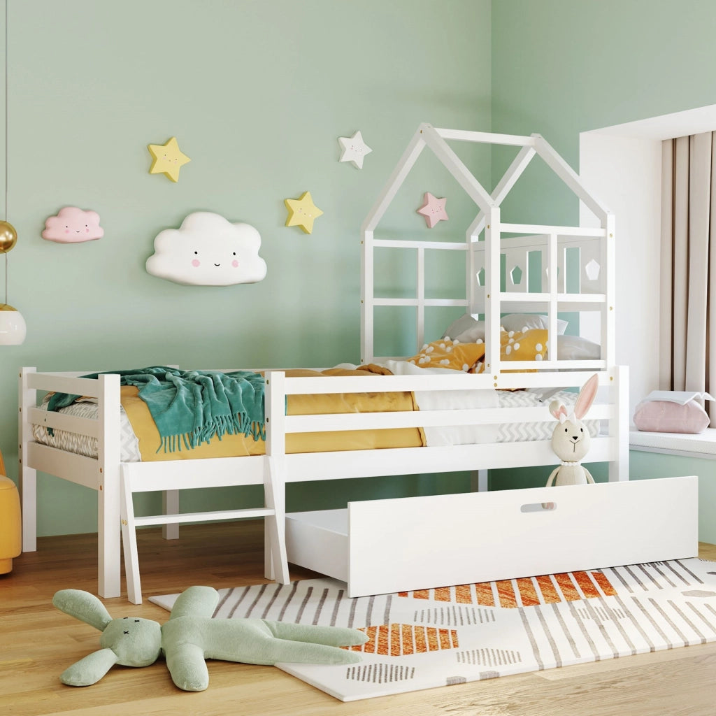 Letto a soppalco per bambini 90x200 cm in legno di pino bianco con scala e cassetto