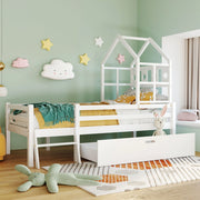 Letto a soppalco per bambini 90x200 cm in legno di pino bianco con scala e cassetto