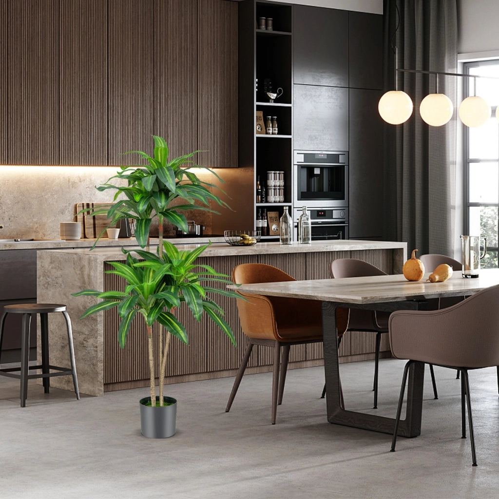 Albero artificiale alto 140cm con 92 foglie e vaso di cemento incorporato, Pianta finta dracaena realistica-Piante artificiali