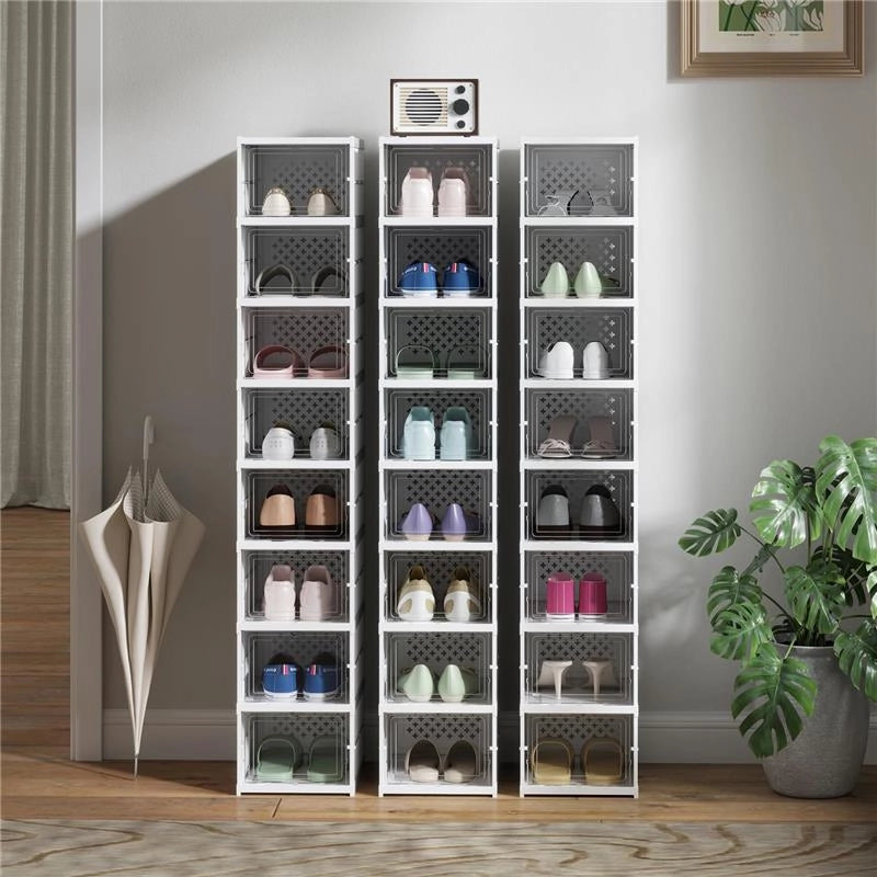 SCARPIERA CON 8 CONTENITORI PER SCARPE IMPILABILI E PIEGHEVOLI CON PANNELLO TRASPARENTE BIANCO