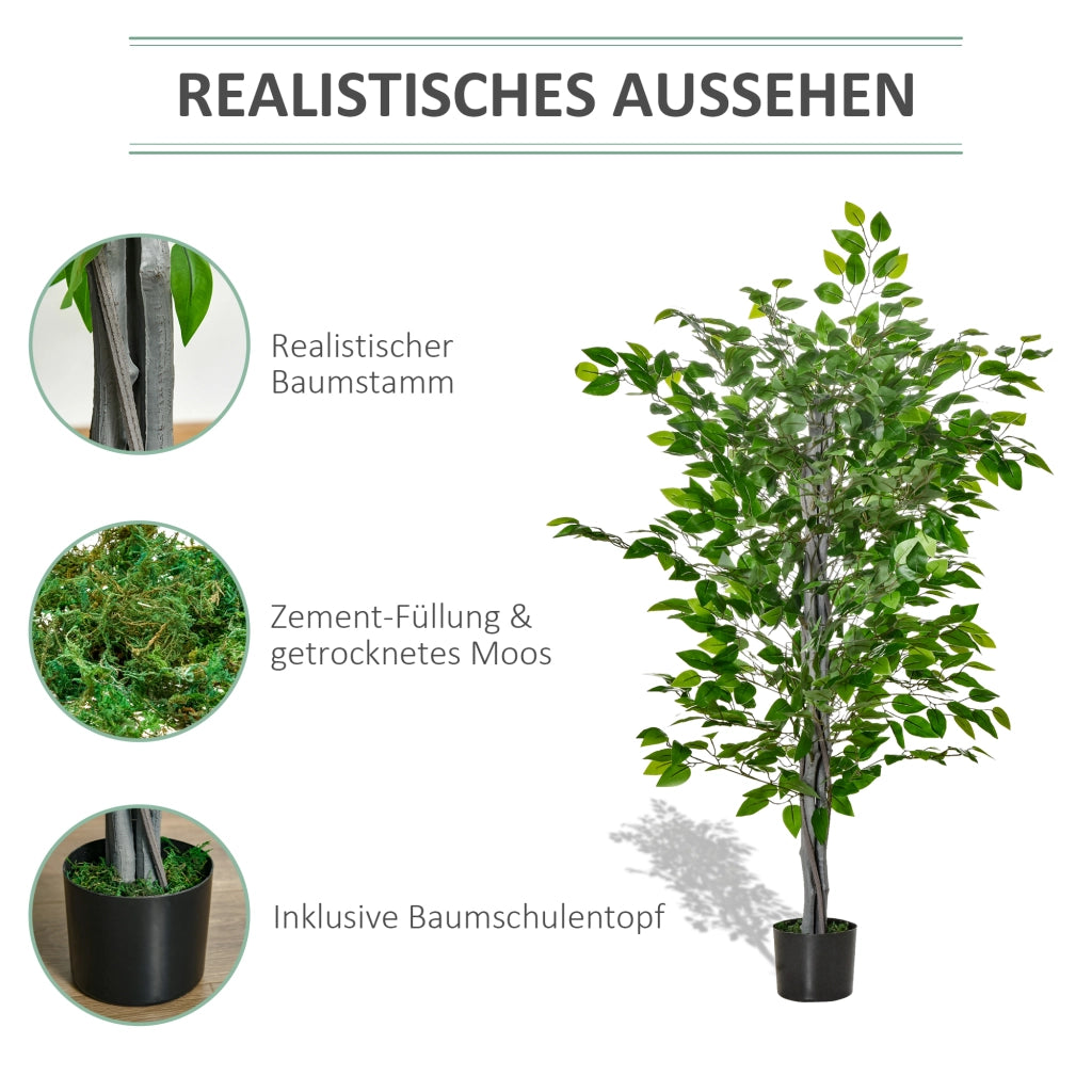 Grande albero di ficus artificiale, 135 cm, pianta artificiale, pianta di ficus artificiale in plastica in vaso, albero artificiale con cemento, erba