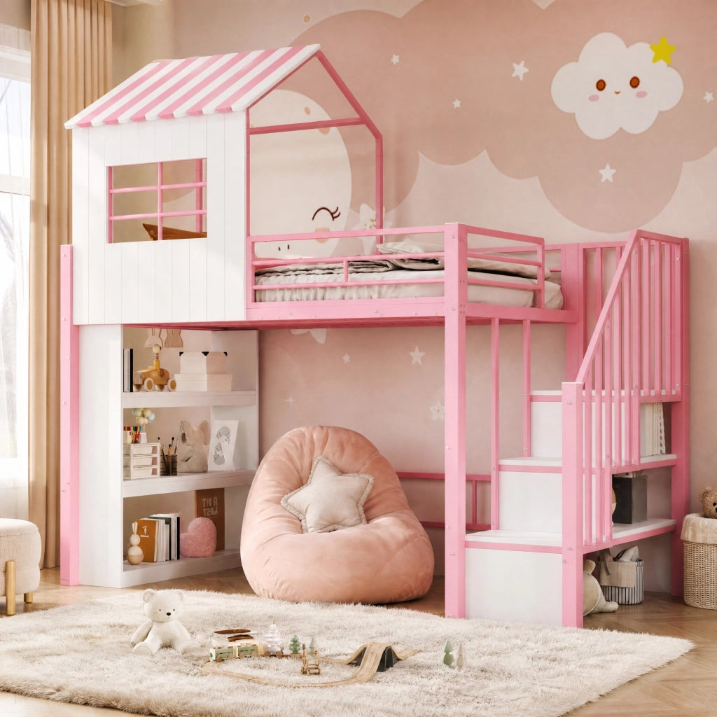 Letto a soppalco multifunzione 90x200 cm con scala contenitore e ripiani; rosa
