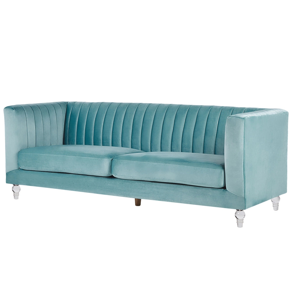 Divano di colore azzurro a 3 posti in velluto trapuntato stile Glamour ed Elegante