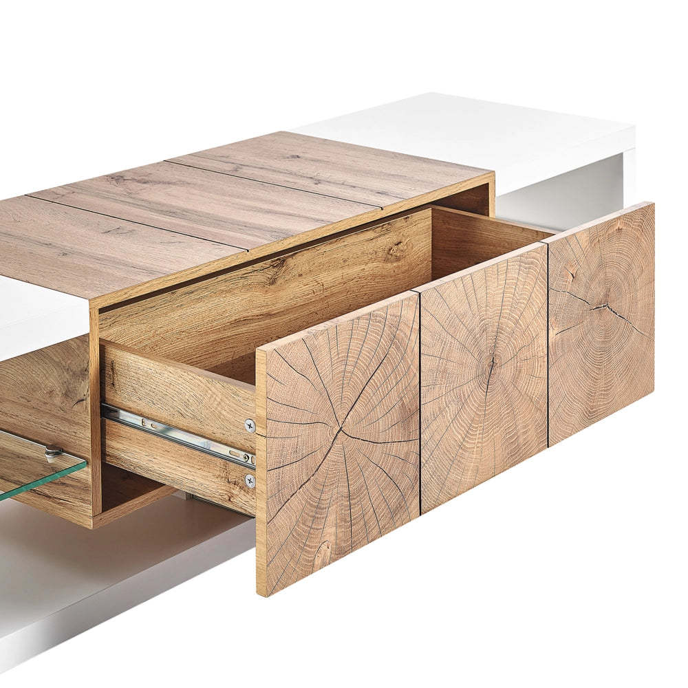 Mobile TV Bianco Legno Chiaro MDF Vetro Temperato 160 Cm Fino A 70ʺ Ripiani Cassetti Design Moderno