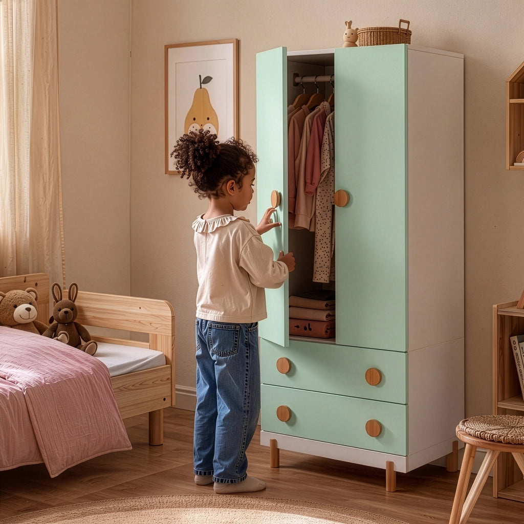 Armadio per Cameretta Vaarentaa a 2 Ante con 2 Cassetti 156x60x41 cm - Bianco/Verde Menta [en.casa]