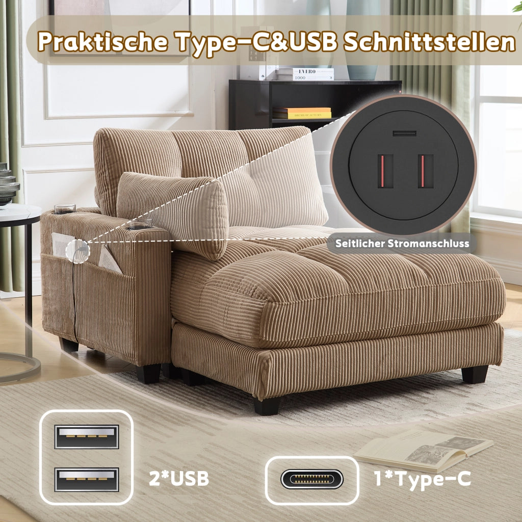 Poltrona Relax Con Poggiatesta Regolabile; Portabicchieri; Tasca Laterale; USB; Cuscino; in Velluto a Coste Khaki