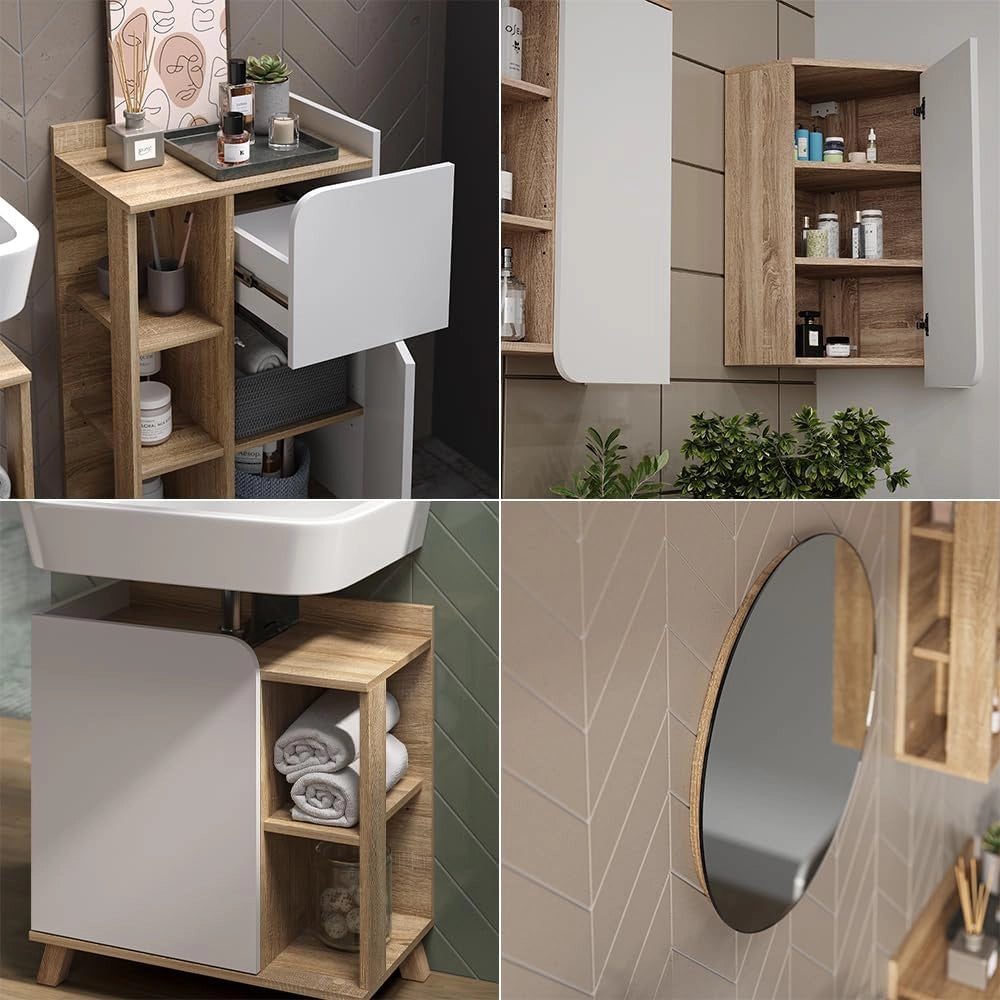 Set di mobili da bagno Karen, Sonoma/Bianco, 60 cm, composto da specchio, pensile, pensile angolare, armadio medio, base lavabo e base