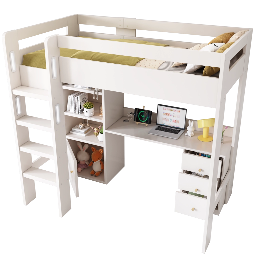Letto a soppalco 90x200 cm con scrivania; armadio; cassetti e ricarica USB-Type-C; bianco