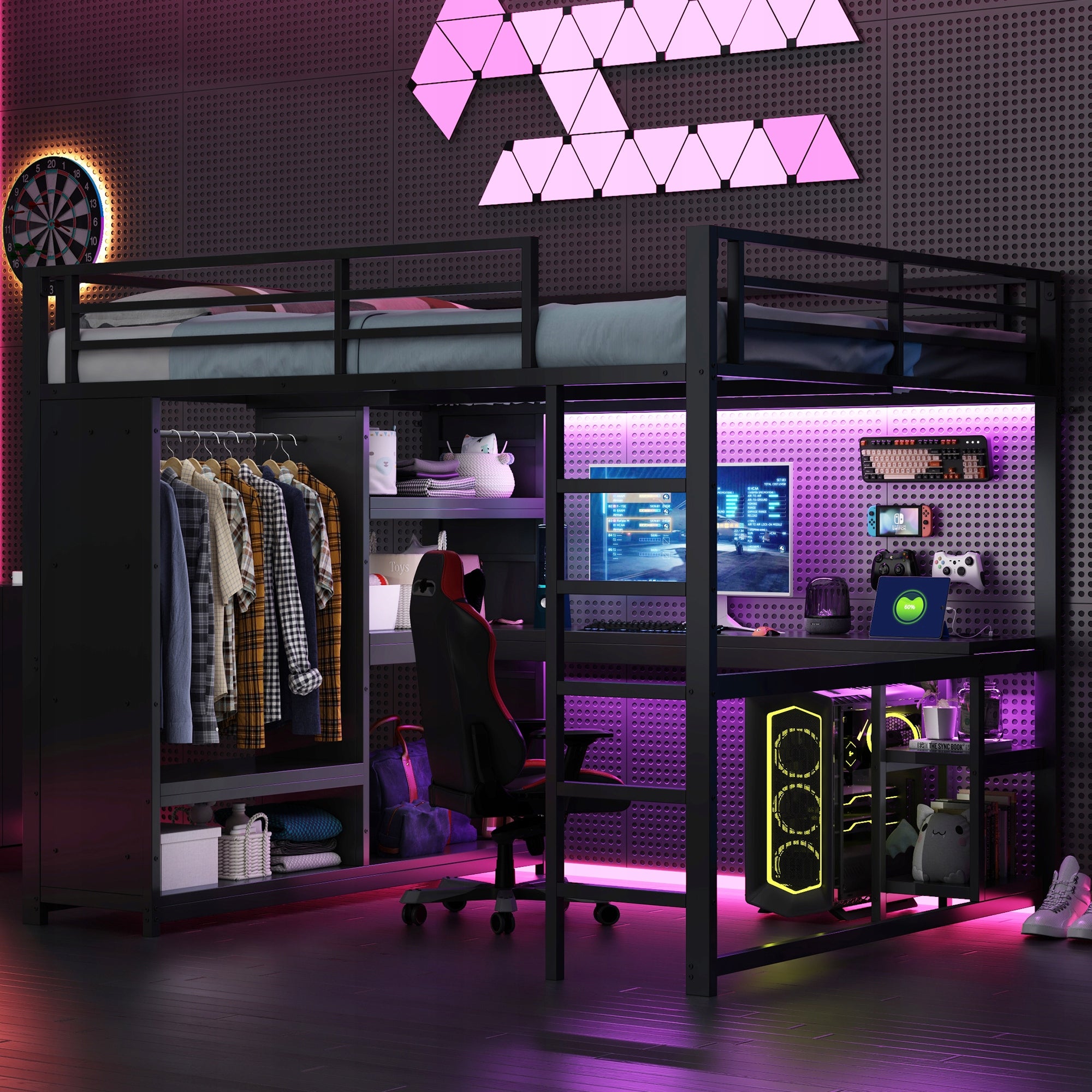 Letto gaming con scrivania e armadio - Xylo - 160x200 - Nero - LED