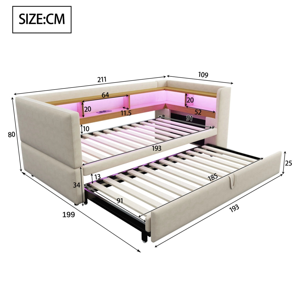 Divano letto imbottito 90/180 x 190 cm beige con LED, prese e vani contenitore