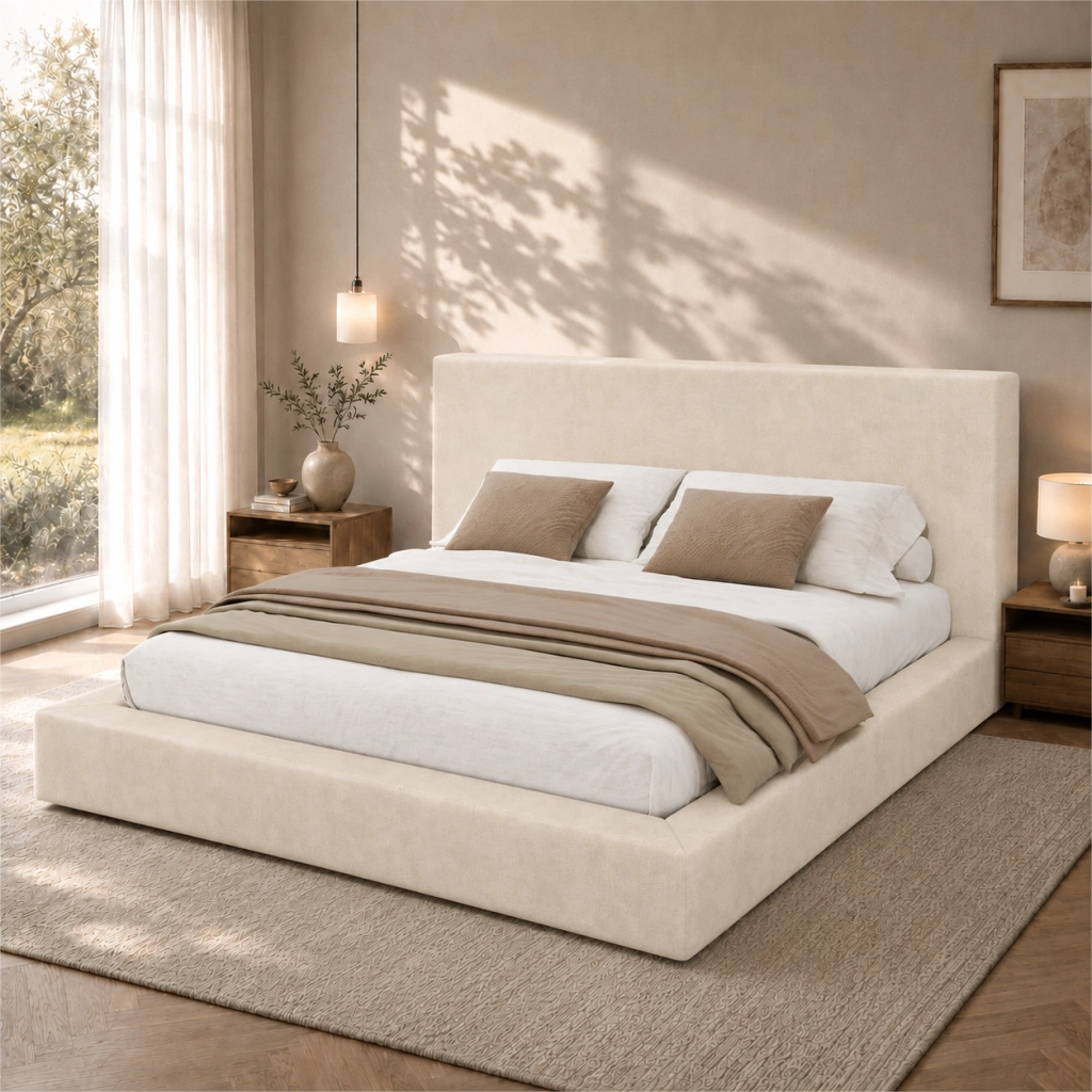 Letto matrimoniale imbottito 180x200 cm con rete a doghe e testiera capitonné; rivestimento in ciniglia; beige