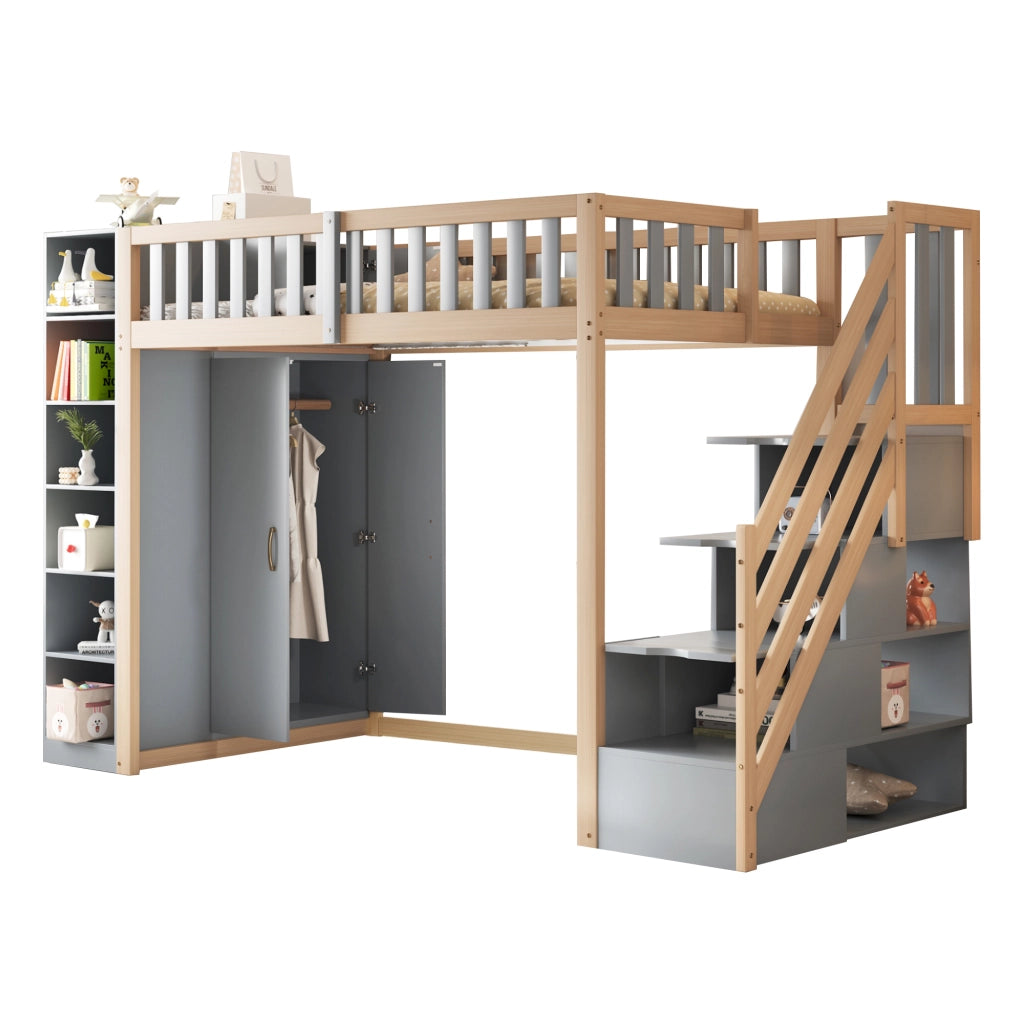 OKWISH Letto a Soppalco 90×200 cm, Letto Singolo con Armadio, Mensole e Scala con Contenitore, senza Materasso, in Legno, Grigio