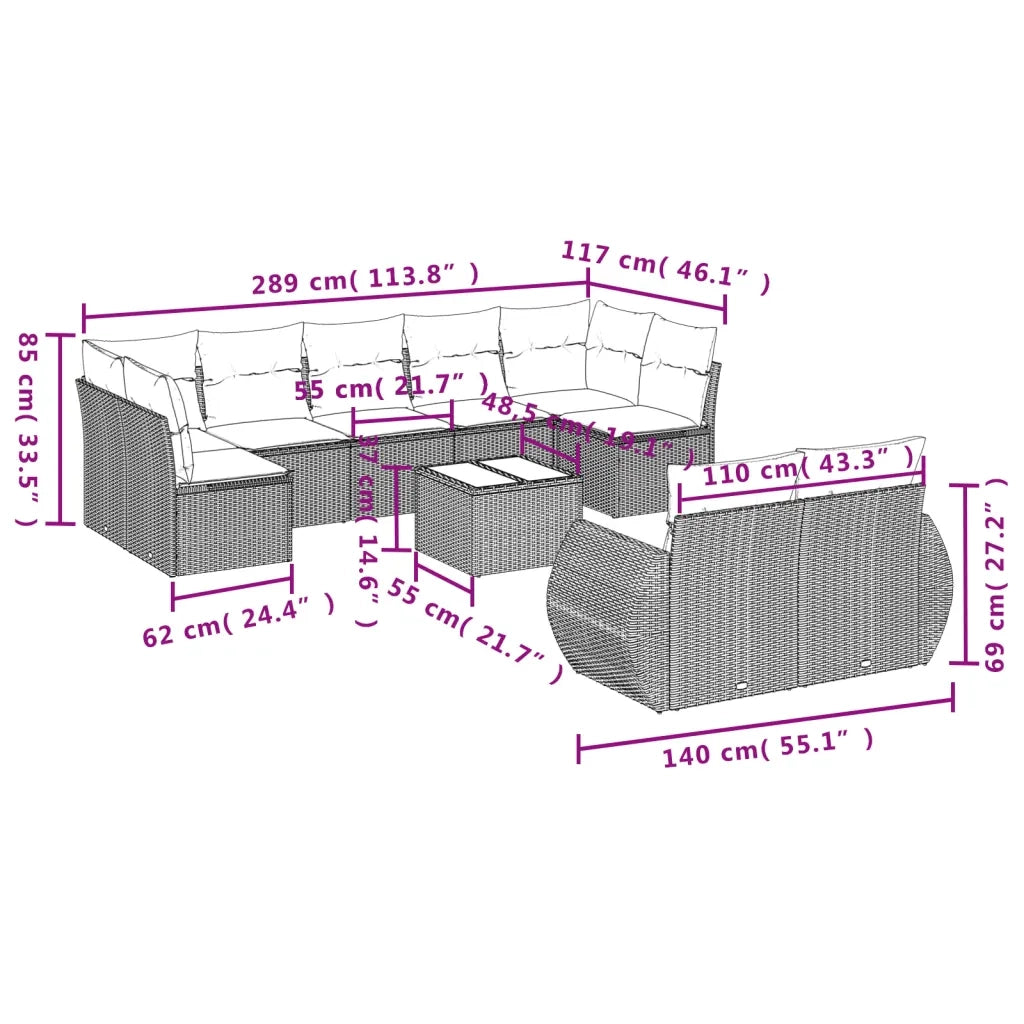 Set Divano Giardino 10 pz con Cuscini Grigio Chiaro Polyrattan