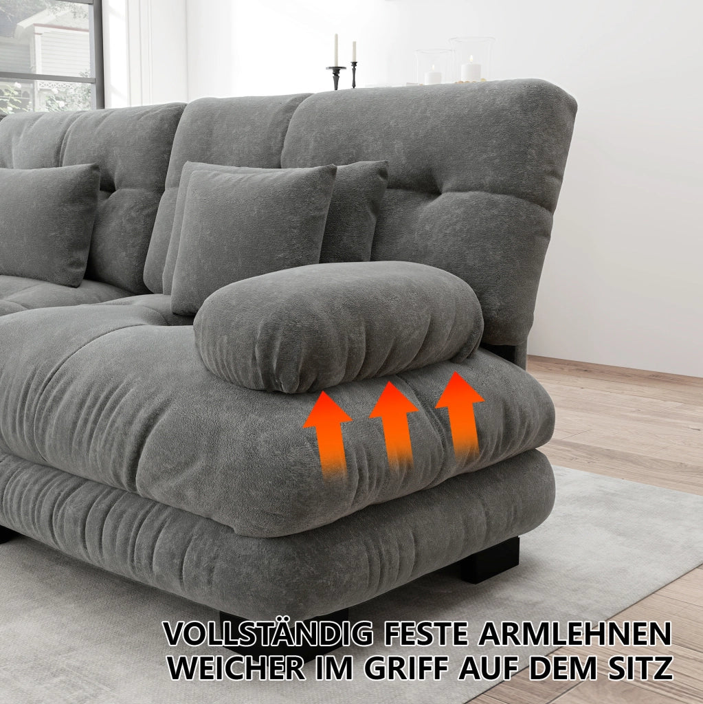 Divano modulare 4 posti con pouf mobili; configurazione a U o ad angolo; in ciniglia grigia
