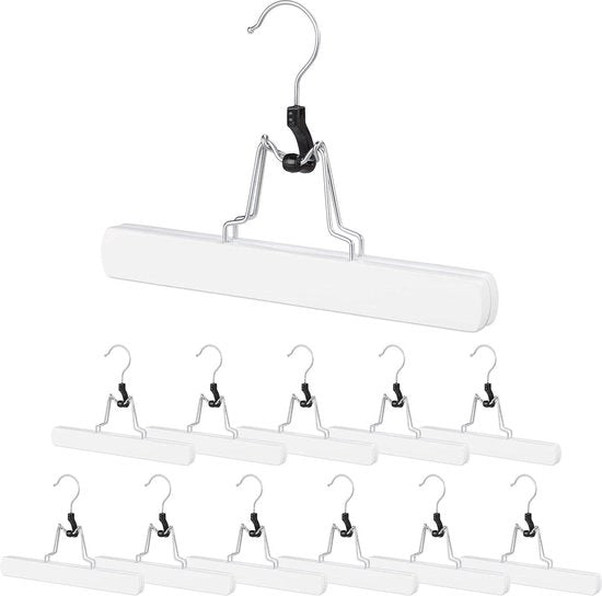 Hanger per pantaloni in legno - 12 pezzi - Hanger a girella completa - Dimensioni: 17 x 25 x 2,3 cm - Hanger per pantaloni - Bianco