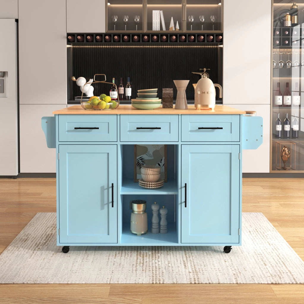 Carrello cucina con piano pieghevole e ruote blu 139 cm