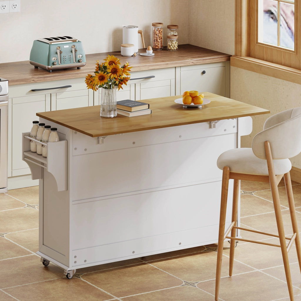Isola da Cucina Mobile 140x43/70x90;5 cm Bianca con Piano Ribaltabile; 3 Cassetti; 4 Ante e 5 Ruote