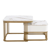 Tavolini da Caffè Nidificabili con 1 Cassetto; Effetto Marmo Lucido; Struttura in Metallo Dorato; Stile Moderno; in MDF; Bianco; 60×60×45+50×50×34 cm