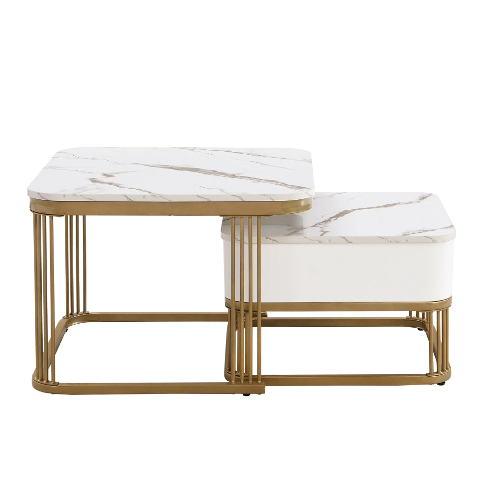 Tavolini da Caffè Nidificabili con 1 Cassetto; Effetto Marmo Lucido; Struttura in Metallo Dorato; Stile Moderno; in MDF; Bianco; 60×60×45+50×50×34 cm