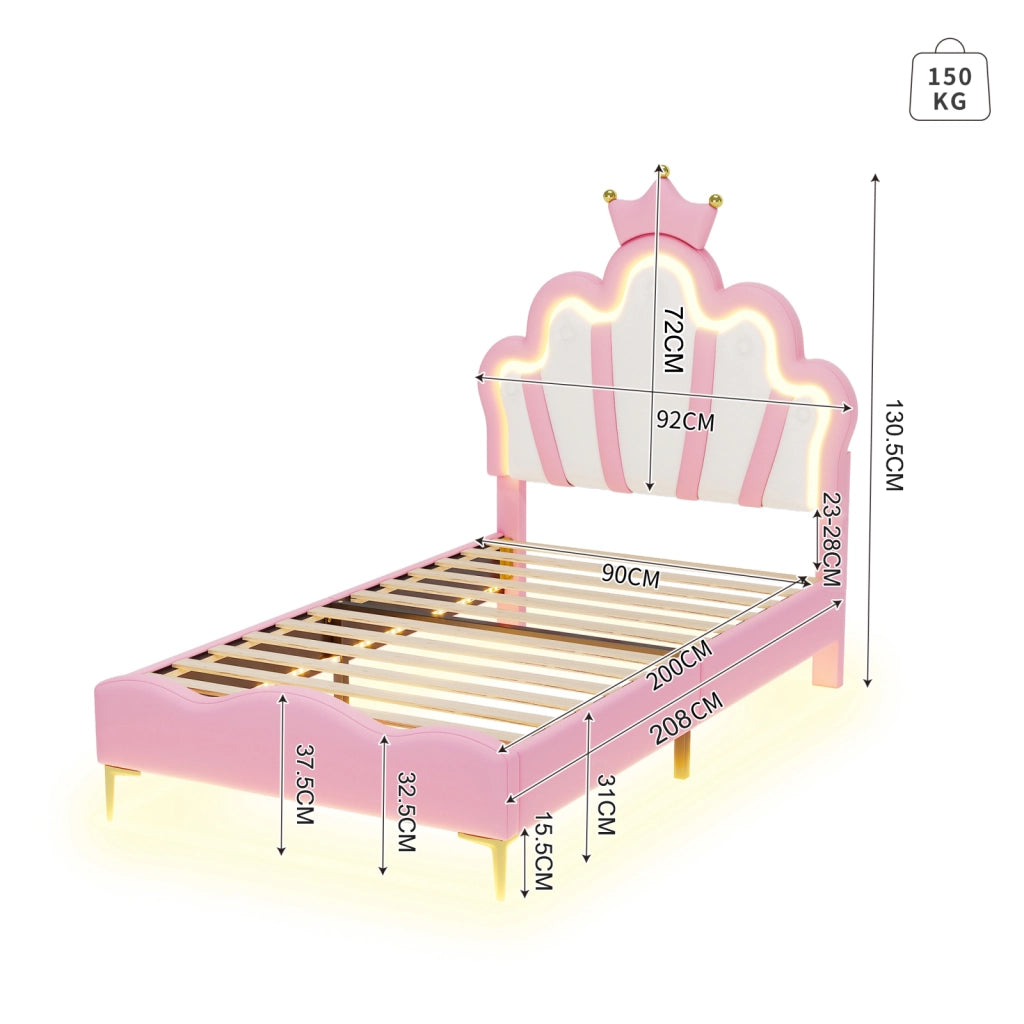 Letto singolo per bambina 90x200 cm ecopelle rosa, testiera a corona con luci LED, illuminazione sotto il letto, gambe dorate, telaio robusto