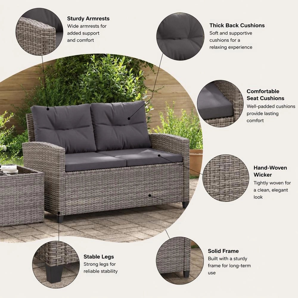 2-seater Garden Sofa With Cushions Grey 124 Cm Poly Rattan