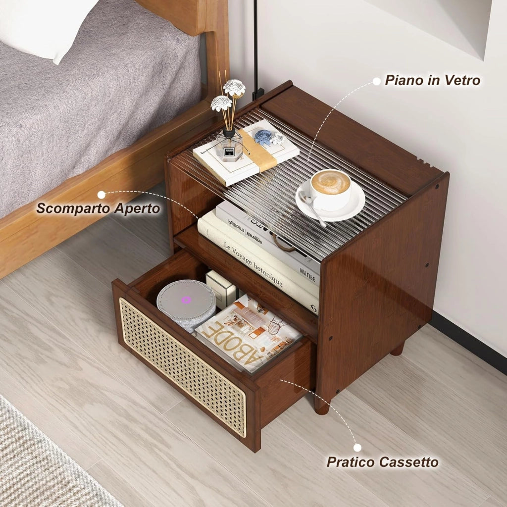 Comodino in Bambù e Rattan 43 x 35 x 50 cm, Tavolino Moderno con Piano in Vetro, Cassetto, Mobile Salvaspazio per Ufficio e Soggiorno (1, Marrone)