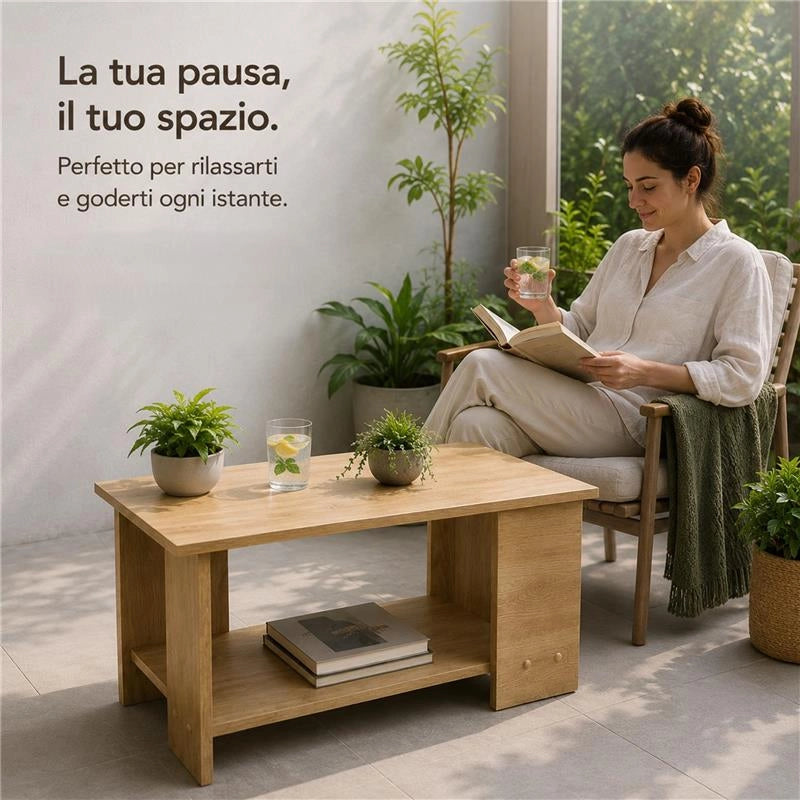 TAVOLO DA CAFFÈ RETTANGOLARE CON RIPIANO E 4 SUPPORTI COLORE ROVERE DIMENSIONI 89X48X42 CM