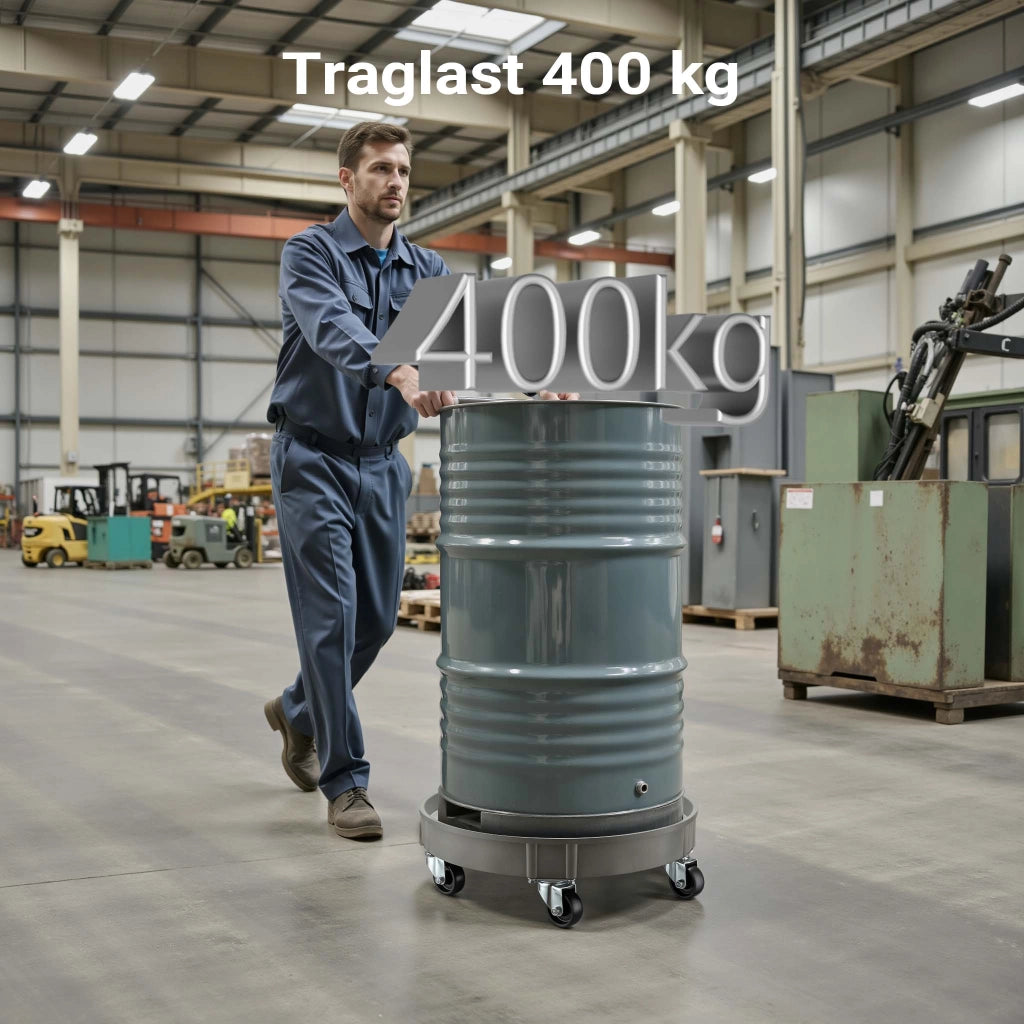Porta fusto olio con ruote, portata 400 kg, carrello porta fusti con vasca Ø 60 cm e ruote girevoli, base per movimentazione fusti
