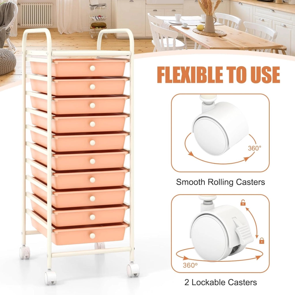 Carrello con 10 cassetti impilabili, carrello per cassetti, carrello da cucina con ruote bloccabili, carrello portaoggetti, carrello in metallo, per cucina, ufficio (arancione chiaro)