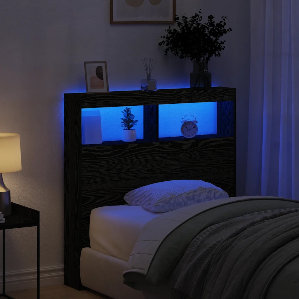 Testiera con Contenitore a LED-Testiera con Ripiani Rovere Nero 100x17x102 cm