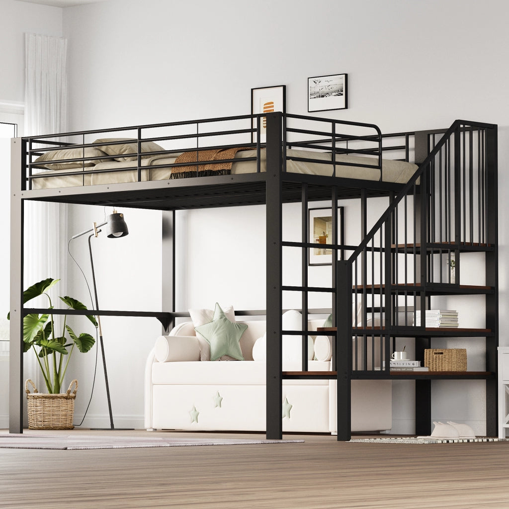 Letto a castello nero in metallo e legno con funzione contenitore 140x200 cm