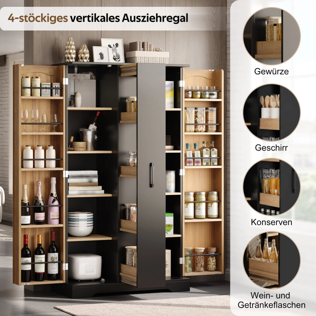 Credenza con 2 ante e 4 ripiani regolabili, porta spezie verticale, per cucina e soggiorno, 150 × 78 × 40 cm