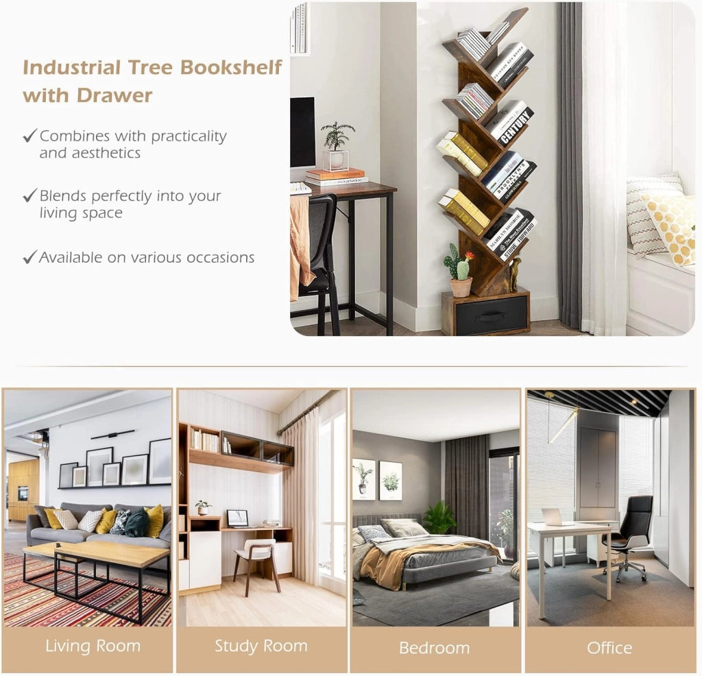 Libreria ad Albero, a 8 Ripiani, Scaffale per Libri con Cassetto Rimovibile, Design di Antiribaltamento, Organizzazione per CD, Riviste, Libri, 38x20x149,5 cm, 4 Colori (Marrone)