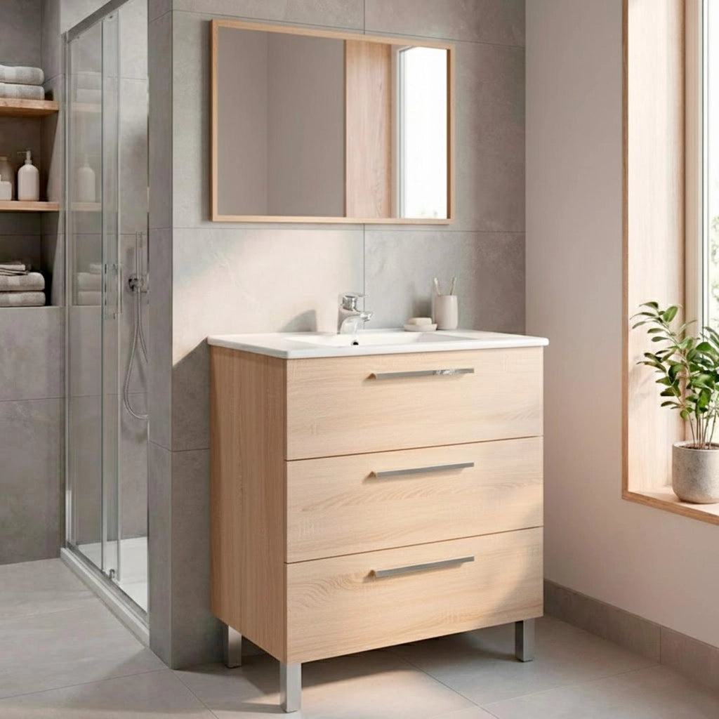 Mobile Bagno A Terra Con 3 Cassetti E Lavabo In Ceramica Con Specchio Incluso Design Moderno Salvaspazio Elegante E Funzionale 77 X 50 Cm 80 X 45 X 86 Cm Rovere Chiaro