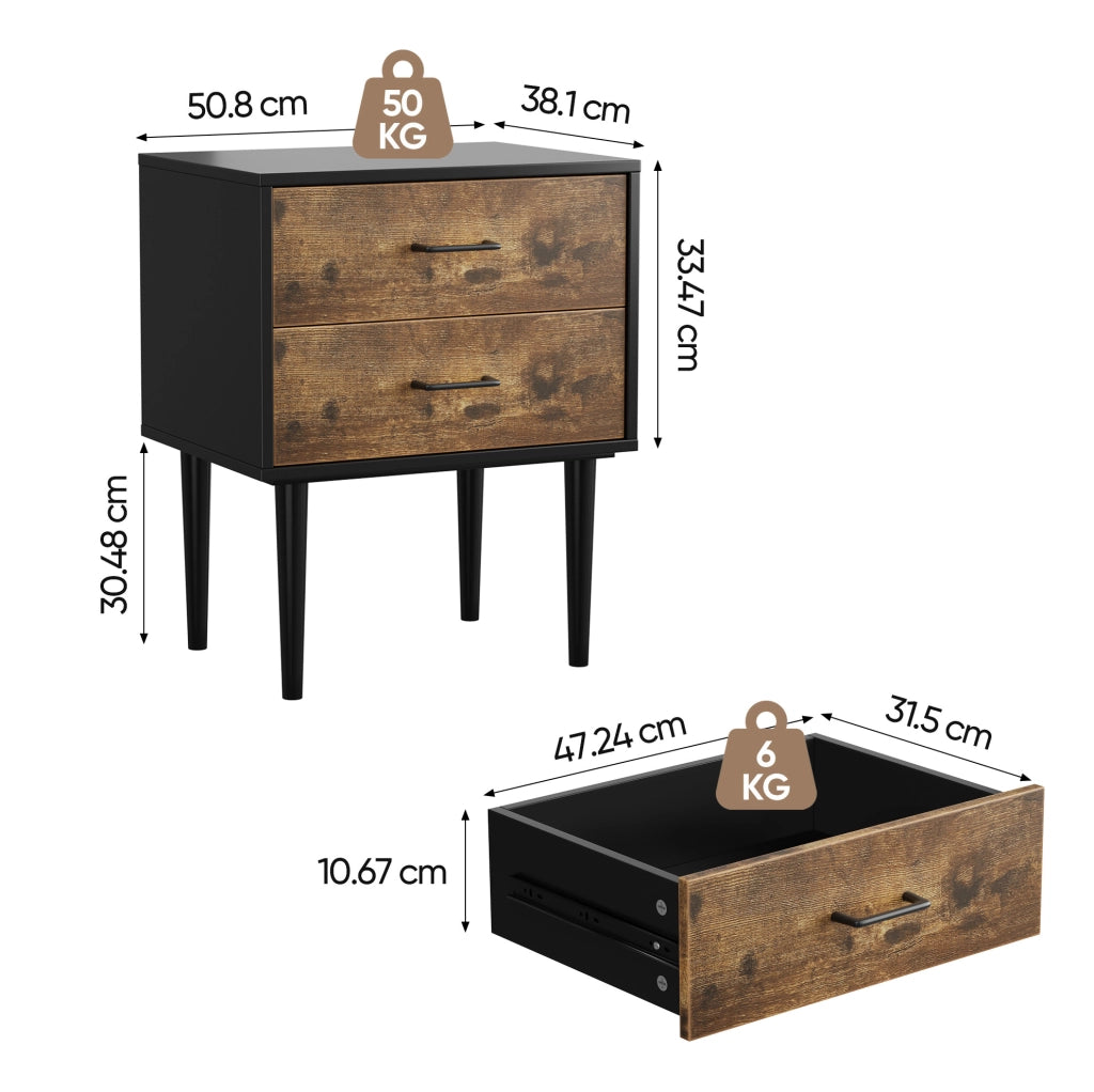 Comodino con 2 cassetti, marrone antico, 51 x 38 x 66 cm