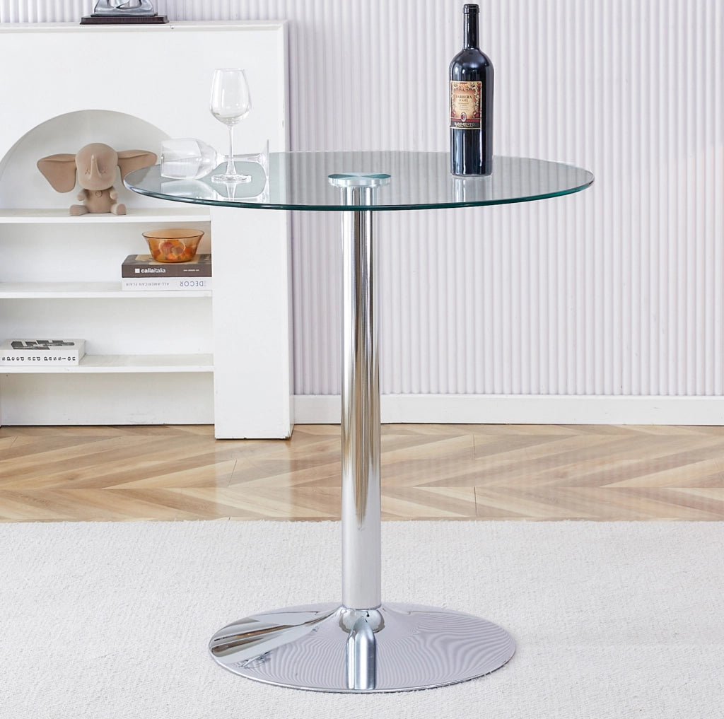 Tavolo da bar rotondo 89 cm; altezza 92 cm in vetro trasparente con base in metallo argento