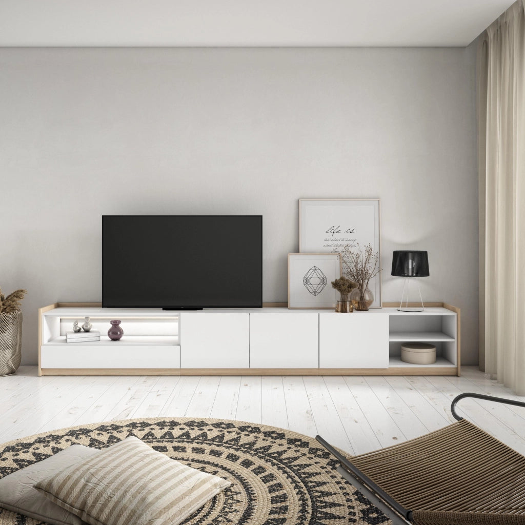 Mobile TV Soggiorno, 310x50x37 cm, Per TV fino a 80", LED, Bianco e Rovere soft