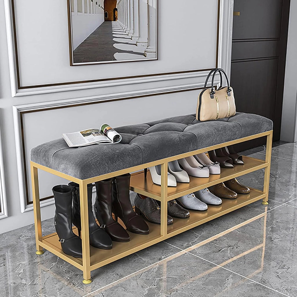 scarpiera Organizzatore di scarpe Panca da ingresso con base in metallo, sedile imbottito e portascarpe a 2 livelli - Scarpiera moderna con spazio per scarponi per soggiorno/camera da letto - 60x