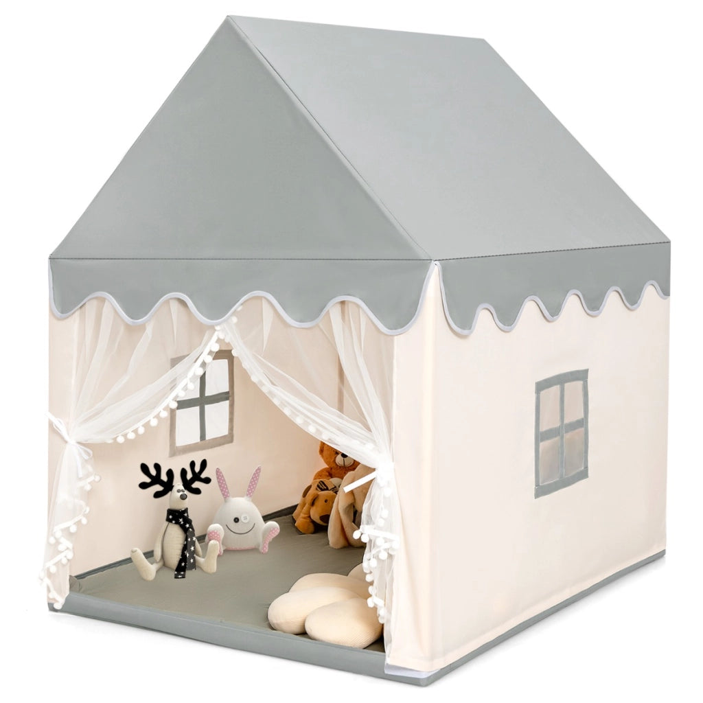 Casetta con tenda struttura in legno e tappetino di cotone, Casa con tenda porta e finestra per bambini Beige-Tende e Casette per bambini
