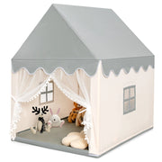 Casetta con tenda struttura in legno e tappetino di cotone, Casa con tenda porta e finestra per bambini Beige-Tende e Casette per bambini