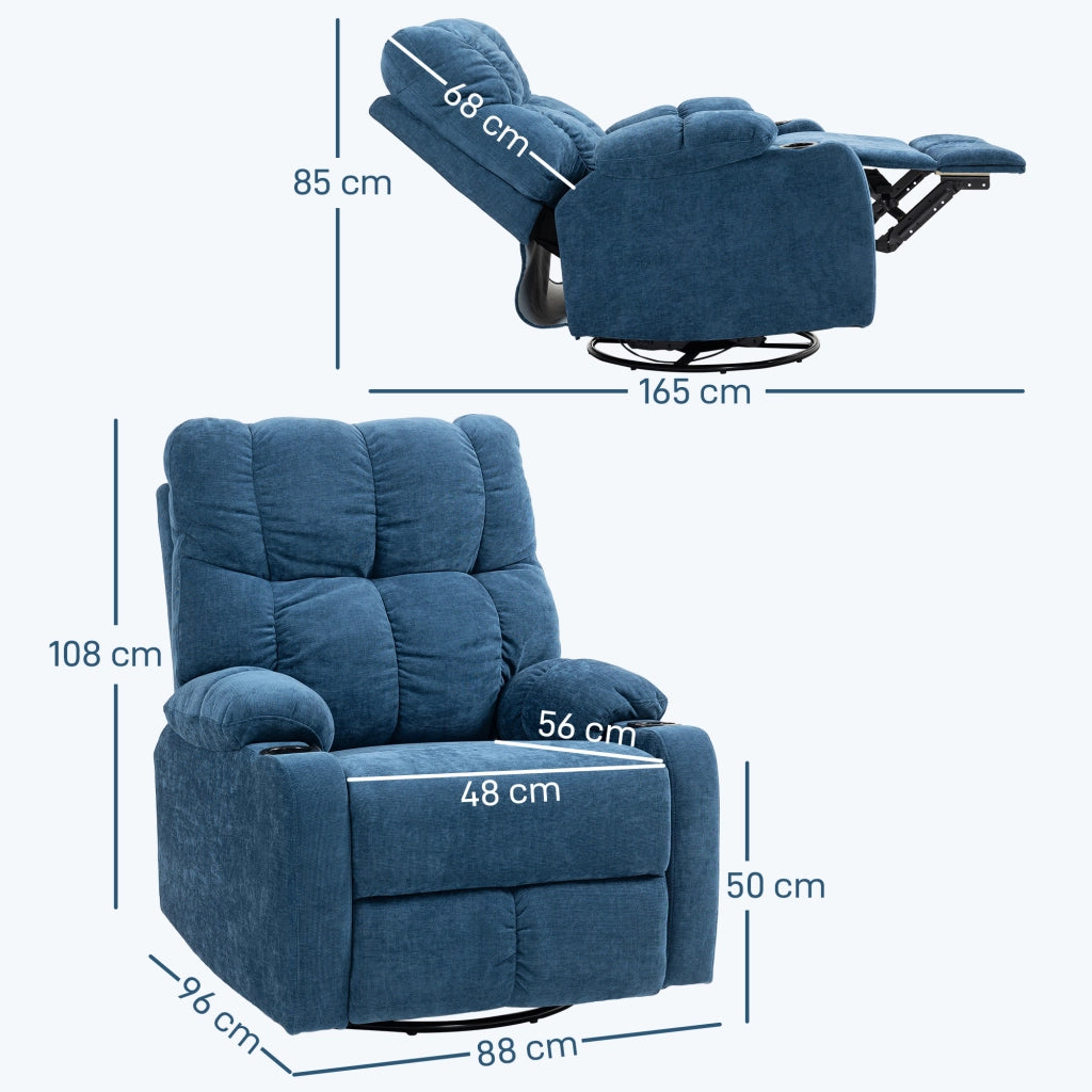 Poltrona relax girevole e basculante con funzione reclinabile, portabicchieri e rivestimento effetto lino blu