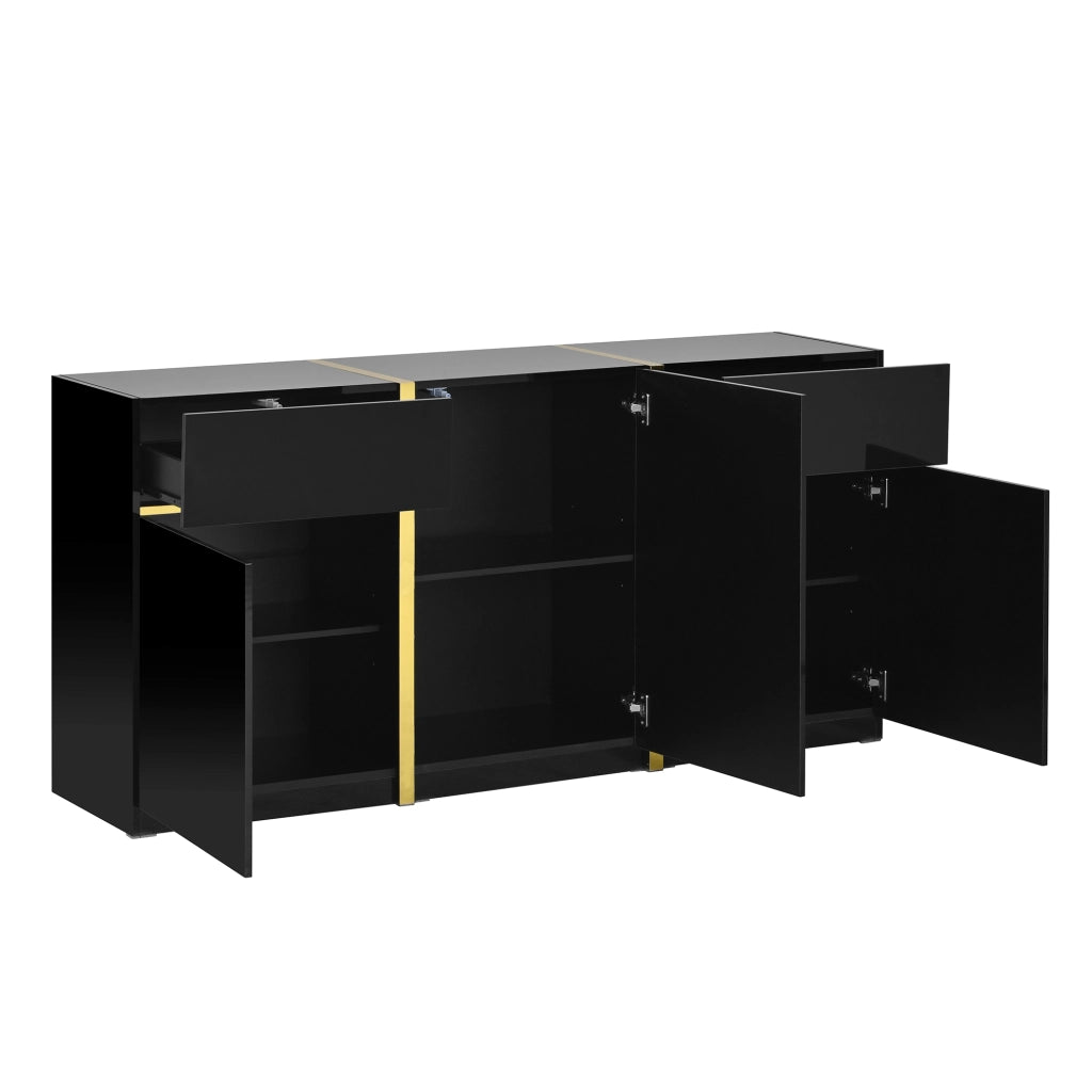 Credenza lucida, 3 ante e 2 cassetti, mobile da ingresso, finiture dorate, nero