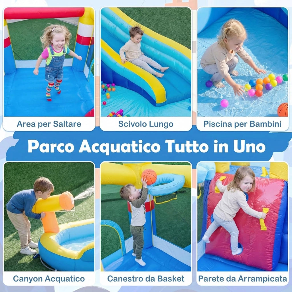 Castello Gonfiabile per Bambini, Casa Gonfiabile con Piscina Splash, Cannone d'Acqua, Area di Rimbalzo, Scivolo Lungo, Parete d'Arrampicata, per Bambini 3-12 Anni (Senza Soffiatore)