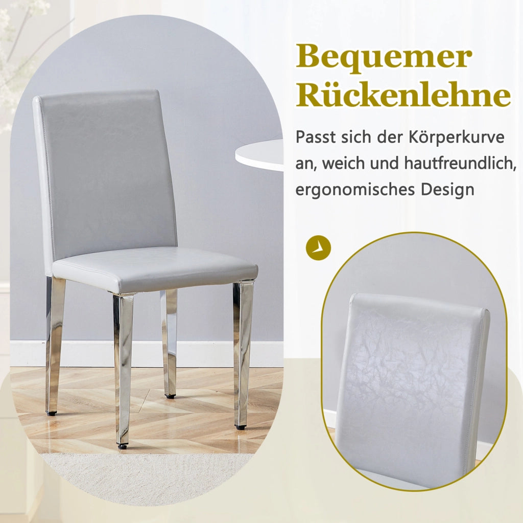 Set di 4 sedie da pranzo moderne in PU grigio chiaro con gambe in metallo argento; 90 cm