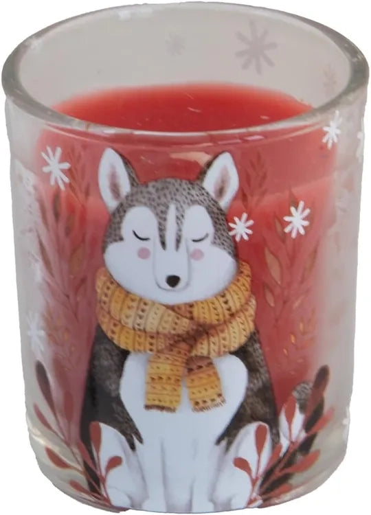 Set 6 Candele in Vetro Mini con Bicchiere – Decorazioni Natalizie Animali Cervo, Pinguino, Orso e Husky – 2 x 2 x 8 cm